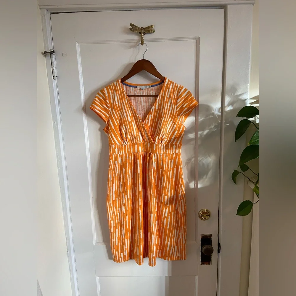 Boden Women’s Jersey Day Dress V-Neck Orange‎ Print Cap Sleeve Size 6P